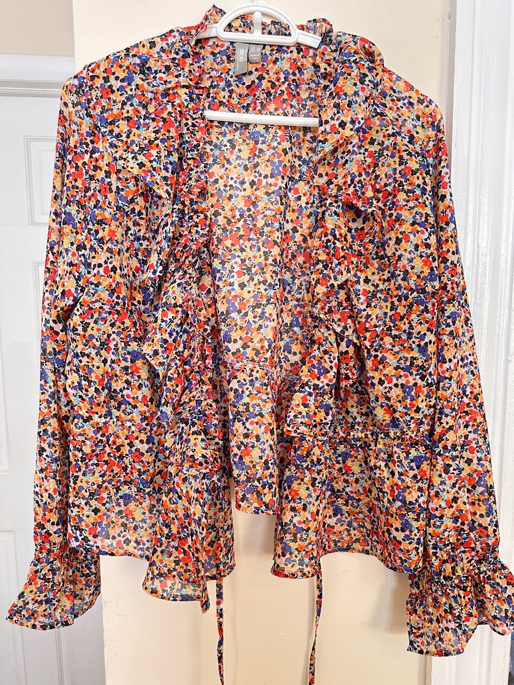 ASOS Multicolor Floral Wrap Ruffle Blouse - Orange, Blue, Red